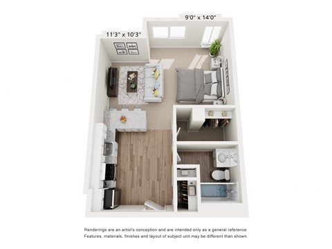Floor plan for studio, 1 bath, 550 sqft